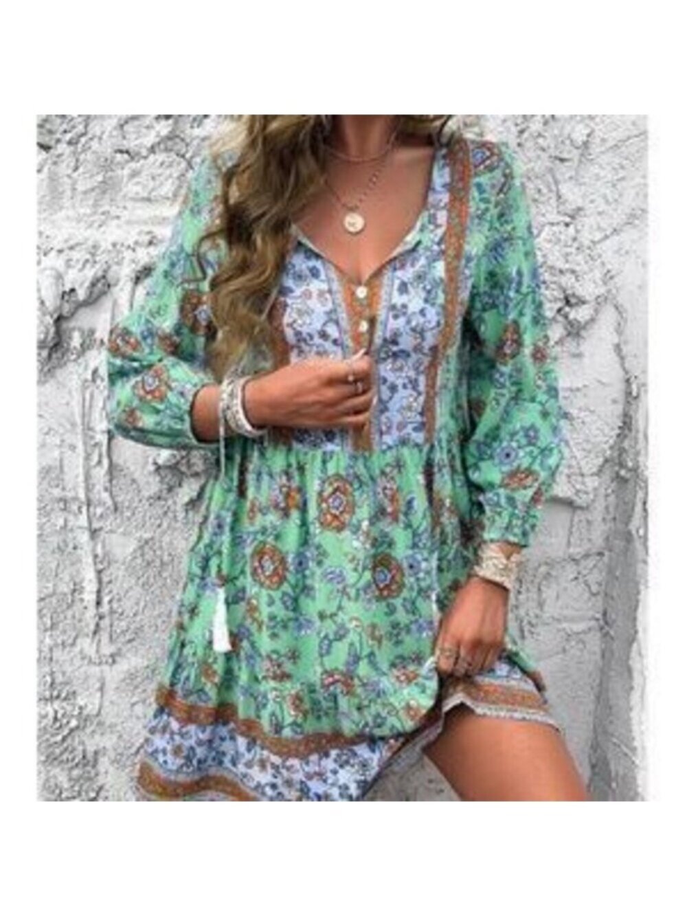 Boho Floral Print Tassel Neck Tie 3/4 Sleeve Dress